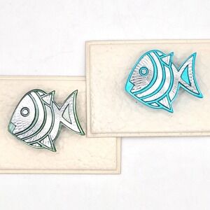 Vintage Made in‎ Germany Etched Metal Fish Brooch Pin Set Teal Green Geometric